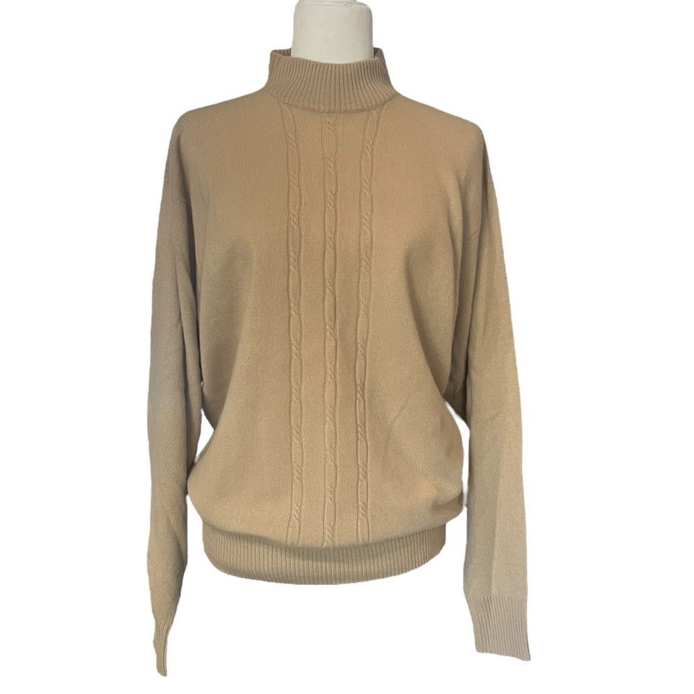 Precious Fibers Vintage 100% Cashmere Sweater Beige Cable Knit Mock Neck Large